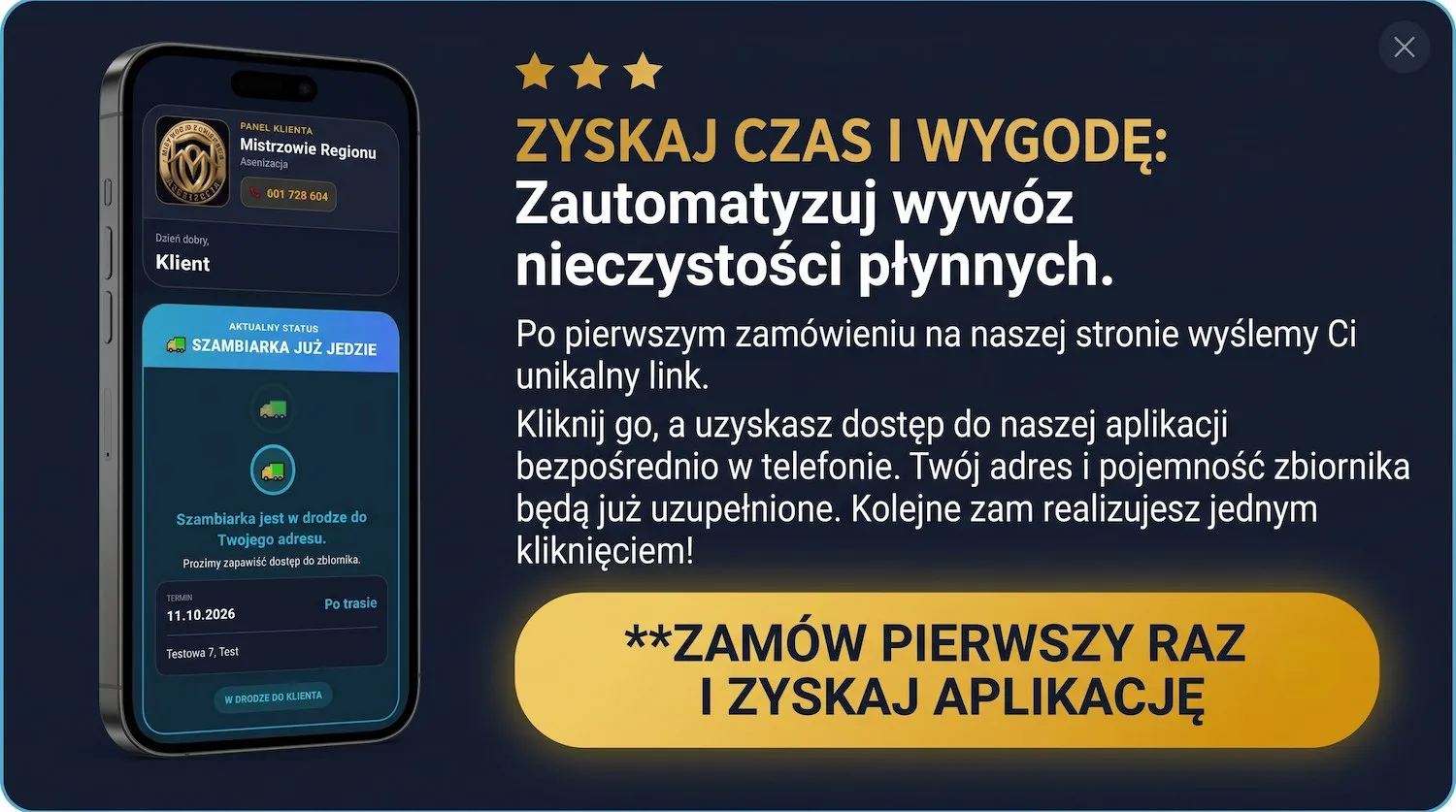 Panel Klienta Mistrzów Regionu do obsługi zamówień wywozu szamba