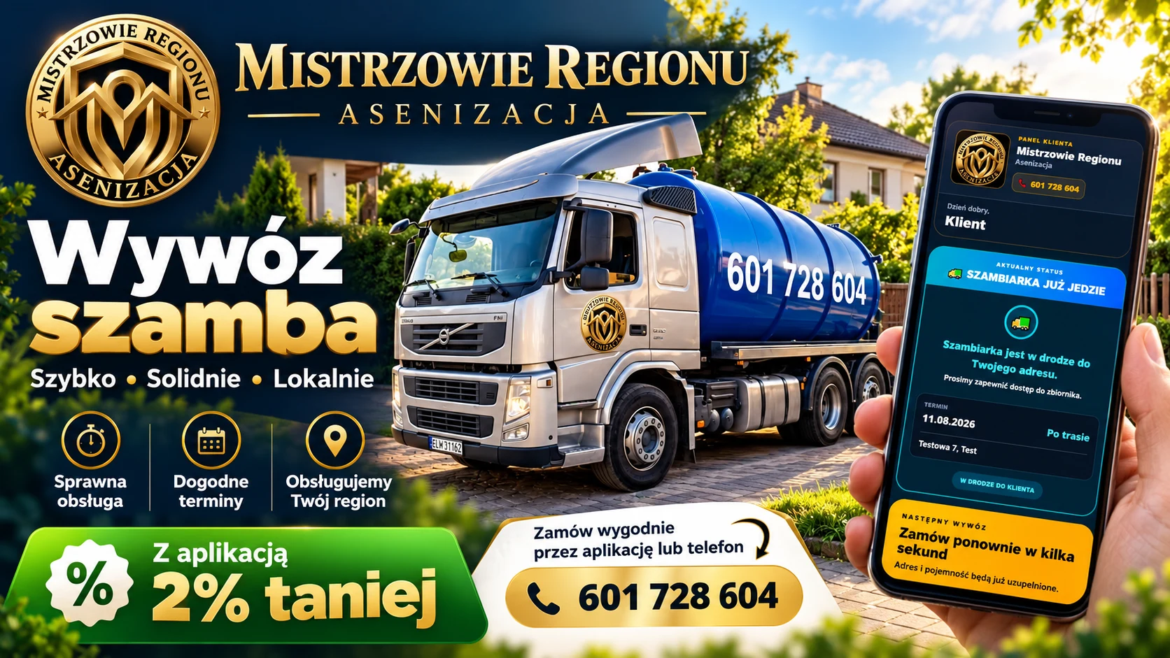 Wizualizacja aplikacji Mistrzowie Regionu na telefonie – zamawianie wywozu, historia, dokumenty i przypomnienia