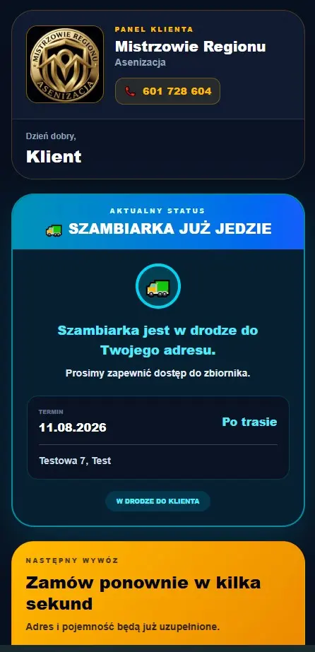 Panel Klienta Mistrzowie Regionu - status szambiarka w drodze do klienta