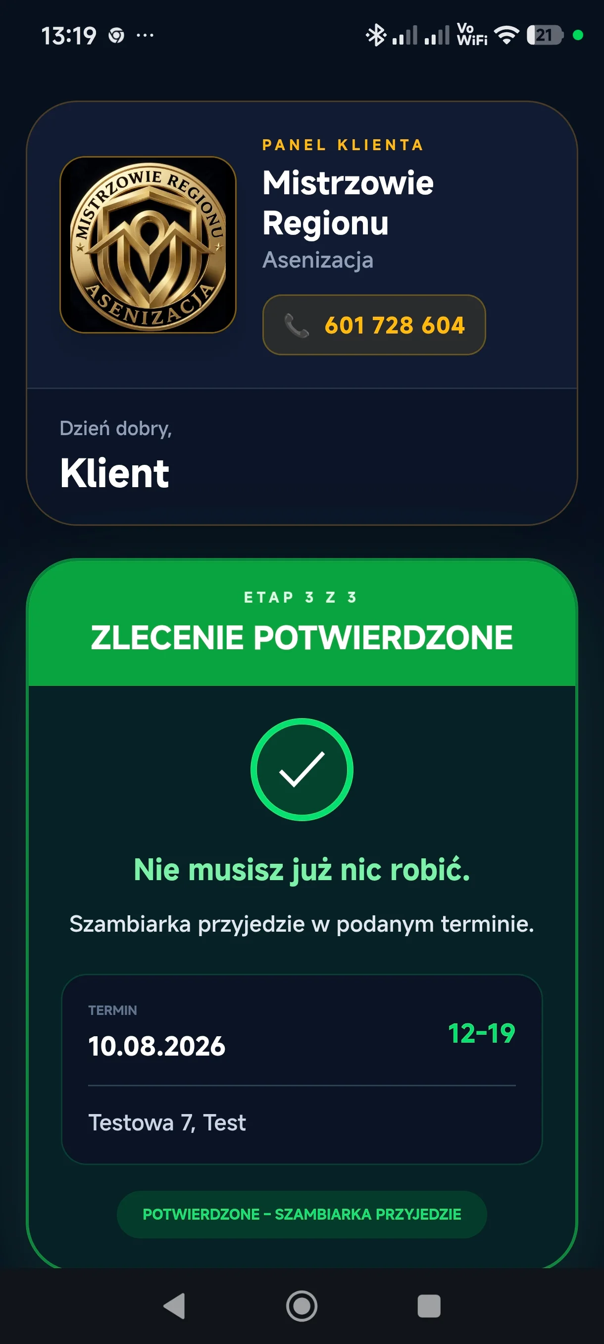 Panel Klienta Mistrzowie Regionu - zrealizowany wywóz szamba, ilość i kwota