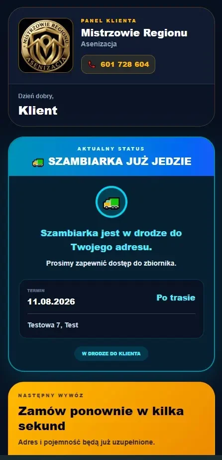 Panel Klienta Mistrzów Regionu ze statusem szambiarki w drodze