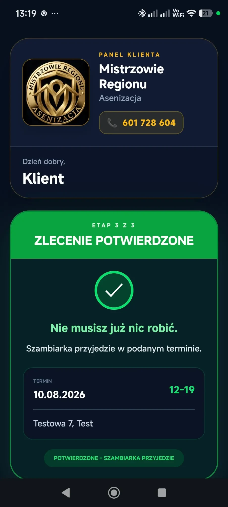 Panel Klienta Mistrzów Regionu z informacją o zrealizowanej usłudze