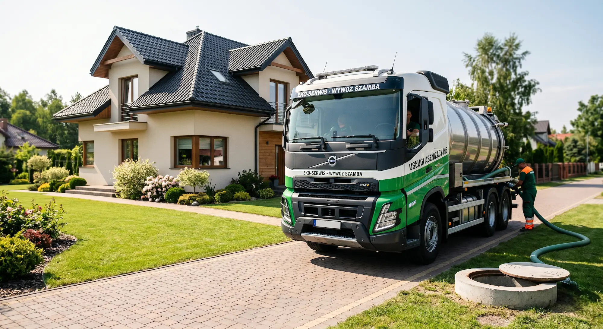 Wywóz szamba w gminie Nieporęt - nowoczesna szambiarka Volvo pod posesją klienta